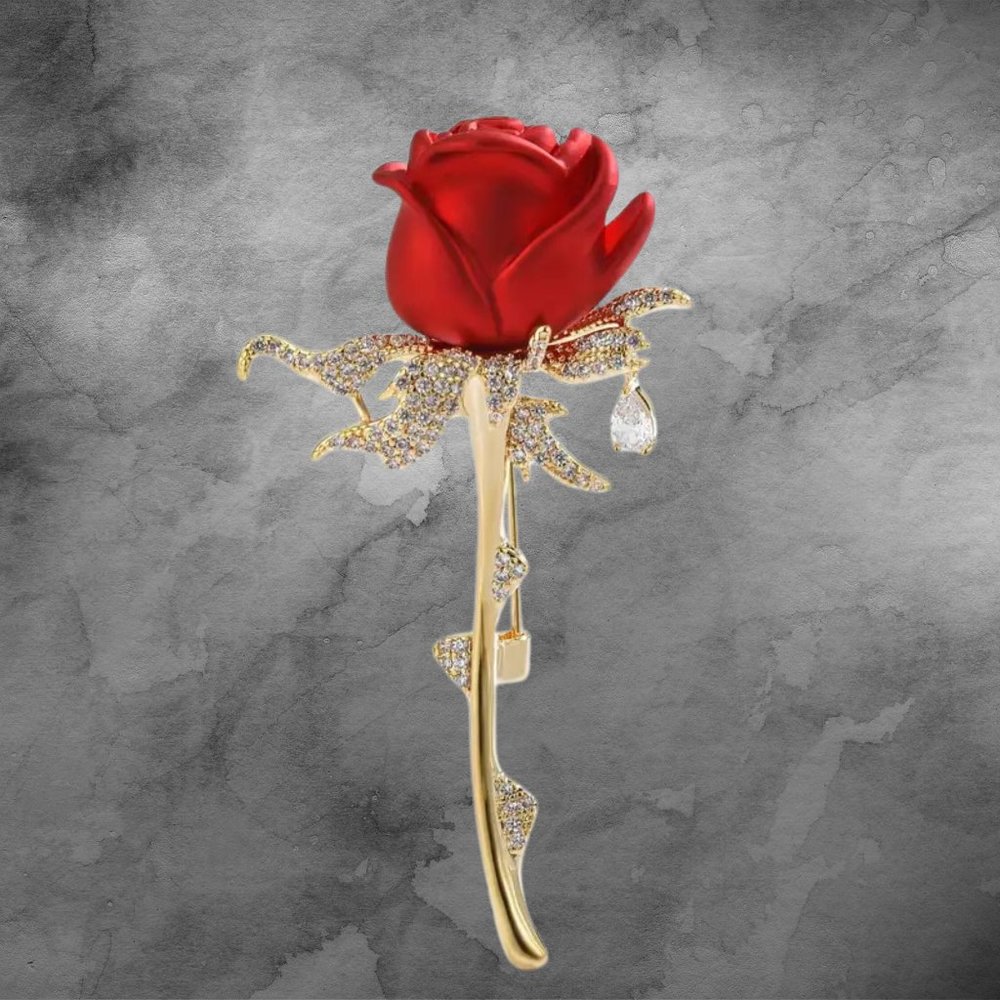 Red Rose Brooch With Dangle Rhinestone Dewdrop - Picture 2 of 3